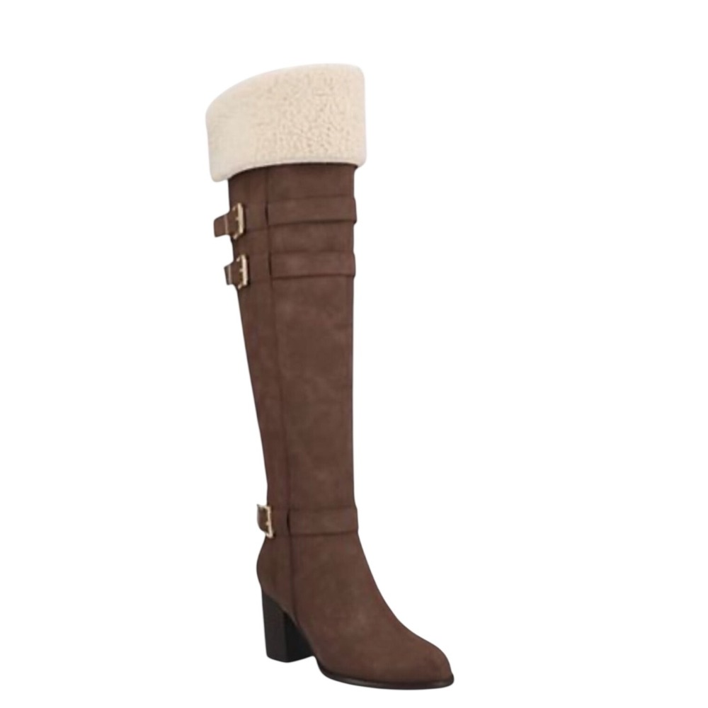 Journee Collection Brown Faux Suede Over The Knee Buckle Boots Size 6.5 NEW